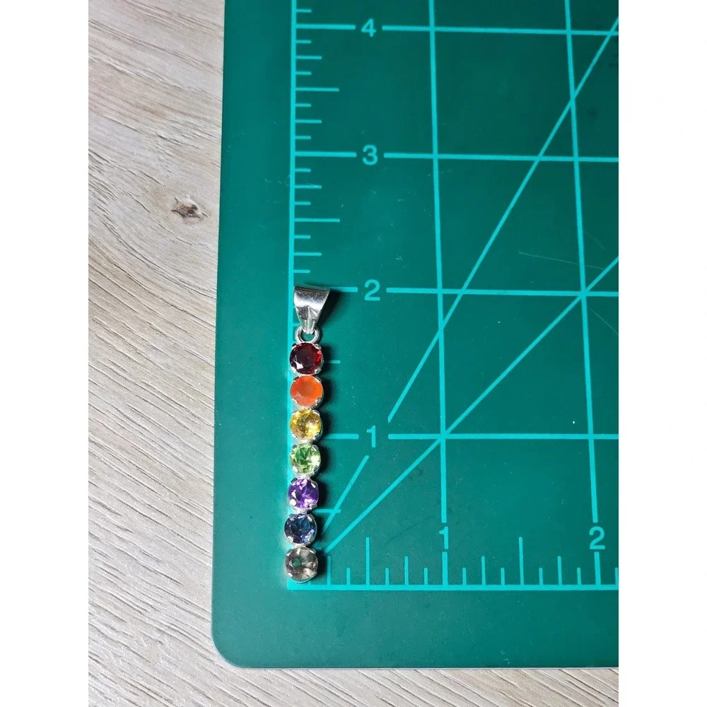 Vintage Sterling Silver Rainbow Gemstone Pendant | Multistone Vertical Charm - Picture 3 of 7
